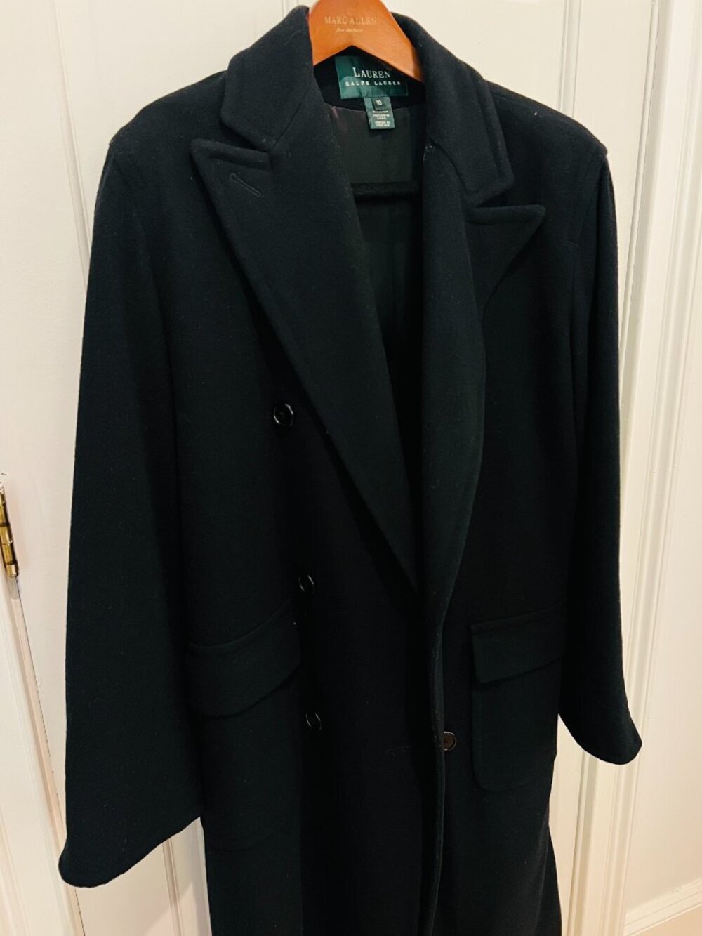 Vintage Ralph Lauren Navy MADE IN USA 100% Wool Double Breasted Long Coat Sz 10